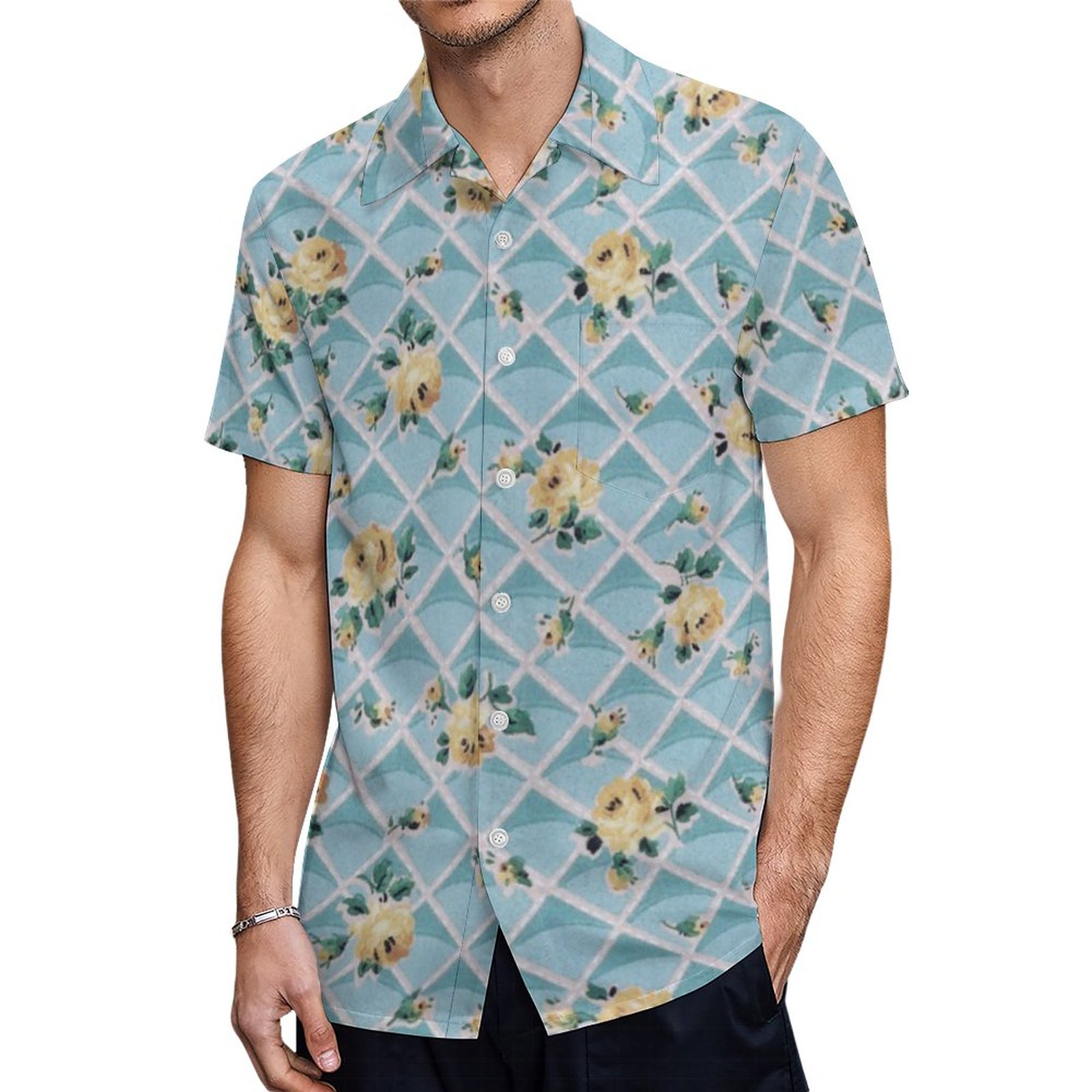 Vintage Girly Yellow Roses On Blue Bg Hawaiian Shirt Mens Button Down Plus Size Tropical Hawaii Beach Shirts