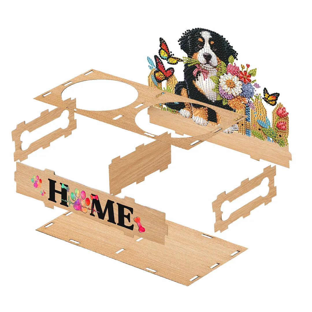 Diamond Painting Food Bowl with Wood Stand Diamond Art Dog Bowl for Small Dogs
