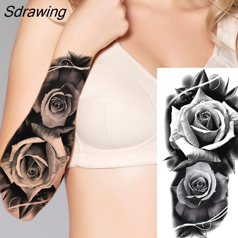 Sdrawing Warrior Punk Skeleton Gangster Rose Flower Temporary Tattoos For Women Men Lion Tiger Skull Rose Fake Tattoo Sexy Arm