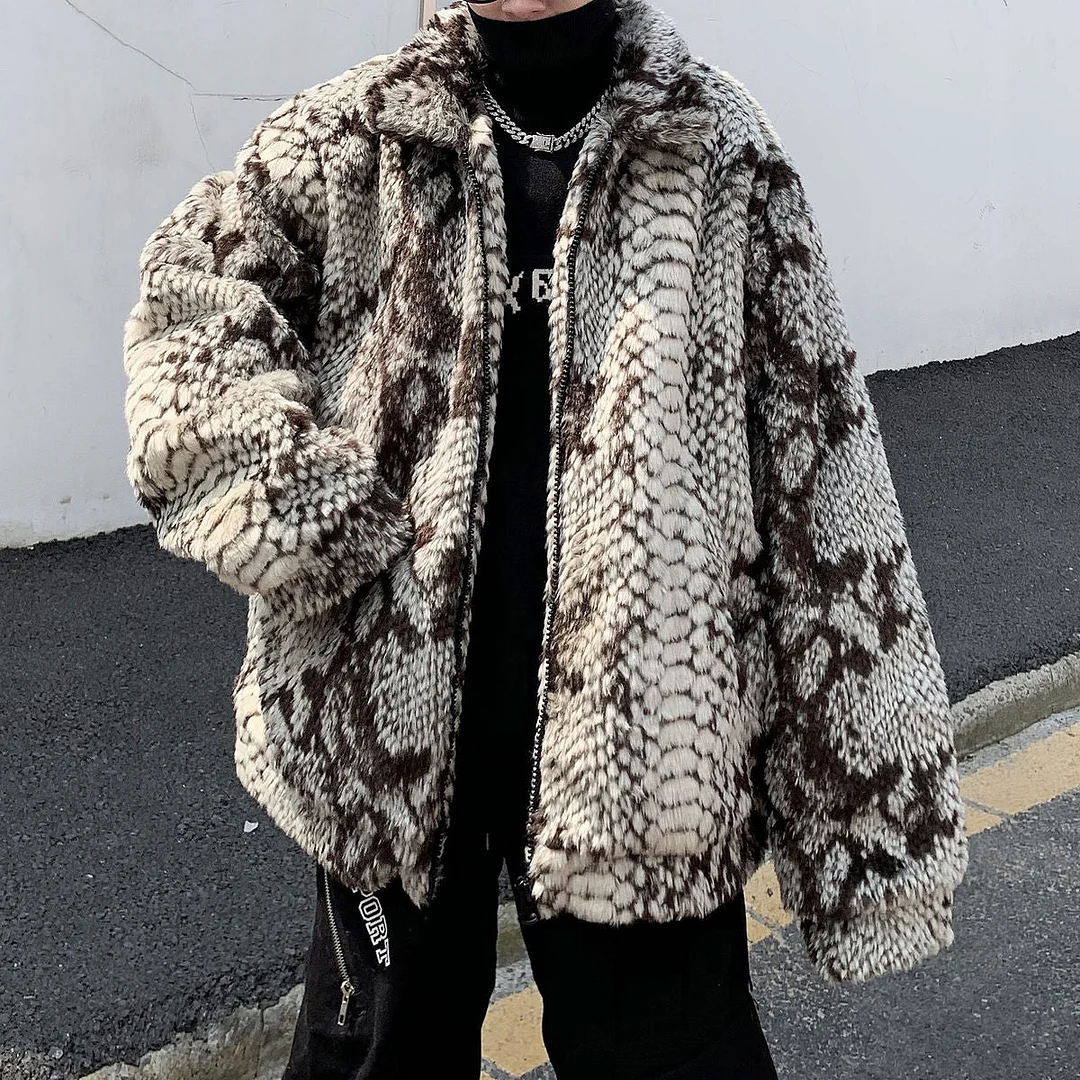 2020 Brand snakeskin pattern imitation fur plus cotton padded jacket men's thickened warmth Hot Sale