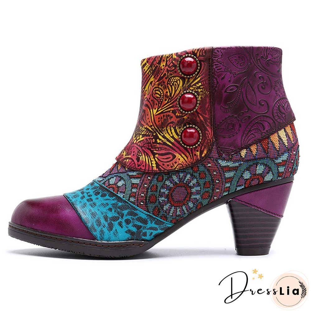 Ladies Fashion Round Toe Patent Leather High Thick Heel Stitching Casual Side Zipper Martin Boots