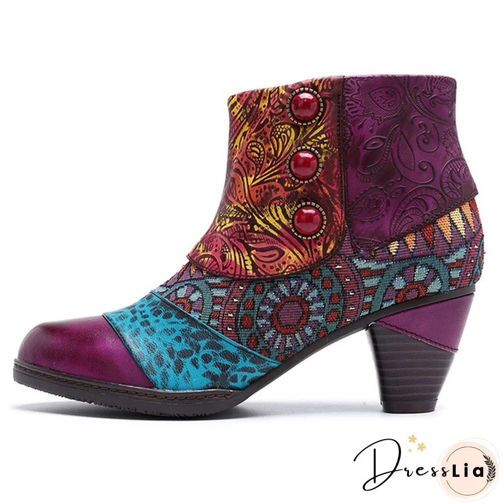 Ladies Fashion Round Toe Patent Leather High Thick Heel Stitching Casual Side Zipper Martin Boots