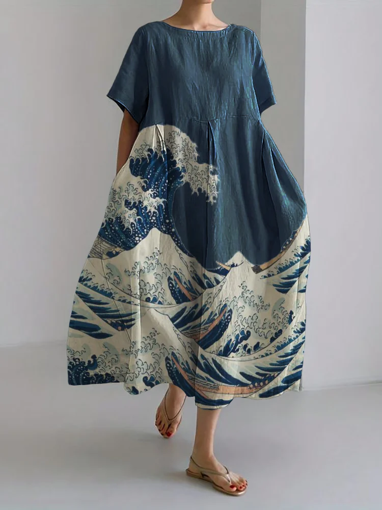 Great Wave Japanese Art Linen Blend Maxi Dress