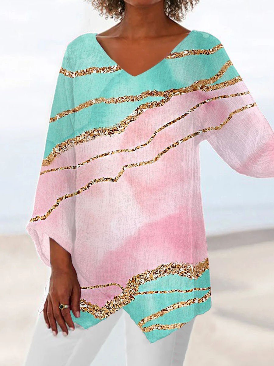 Women Asymmetrical 3/4 Sleeve V-neck Striped Colorblock Top Dress