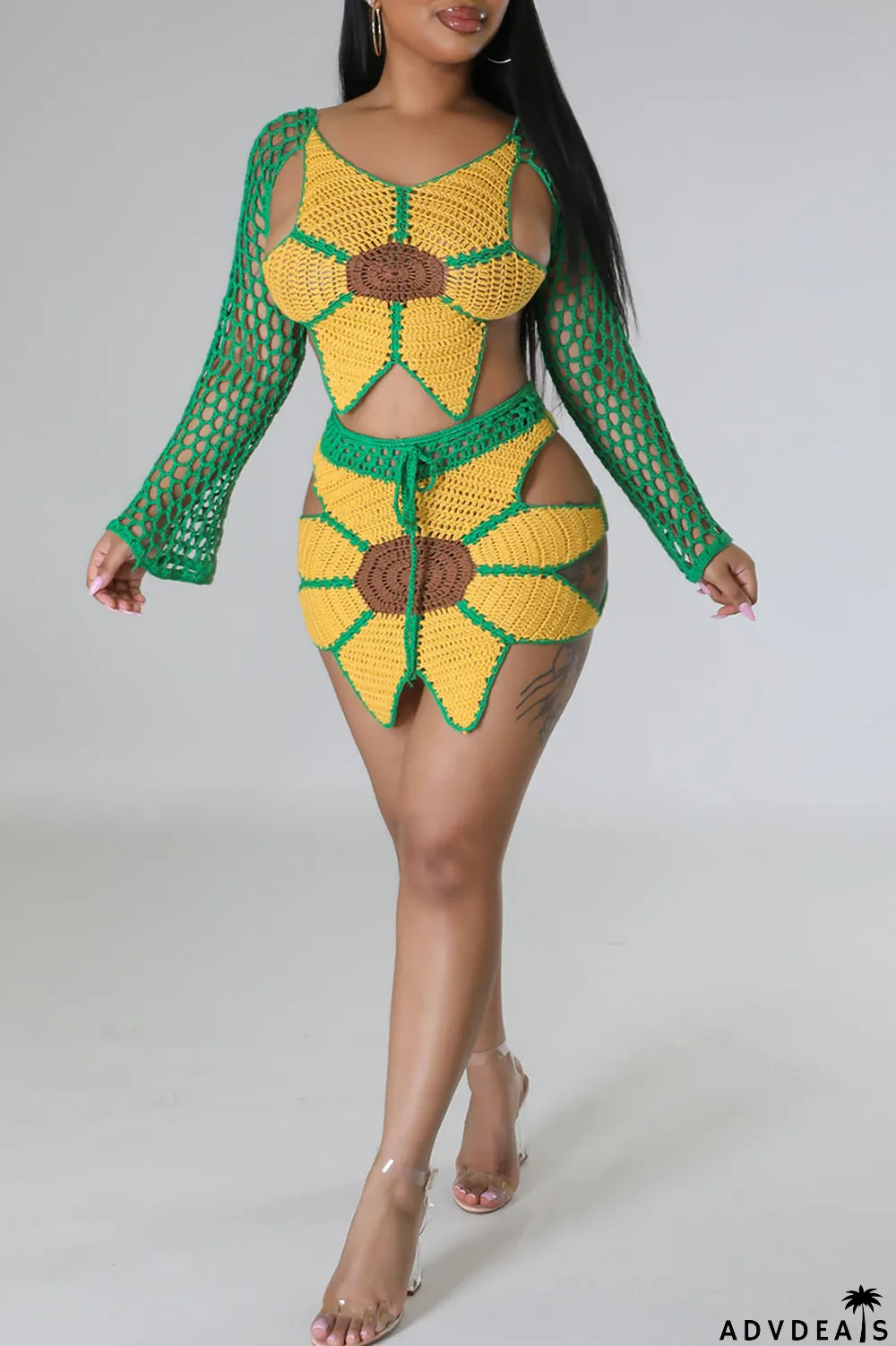 Green Yellow Sexy Solid Bandage Hollowed Out Patchwork Backless V Neck Long Sleeve Two Pieces