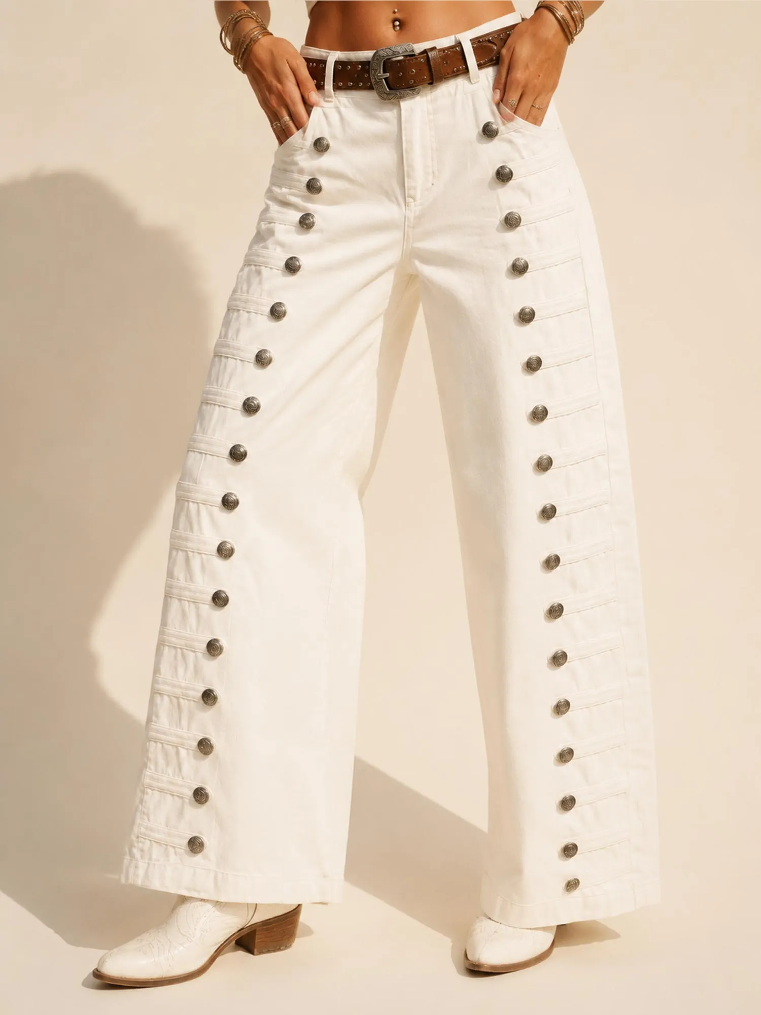 Perfect for Country Music Festivals &mdash; White Women's Silver Button Stitched Wide-Leg Cotton Denim Jeans（Belt not included）
