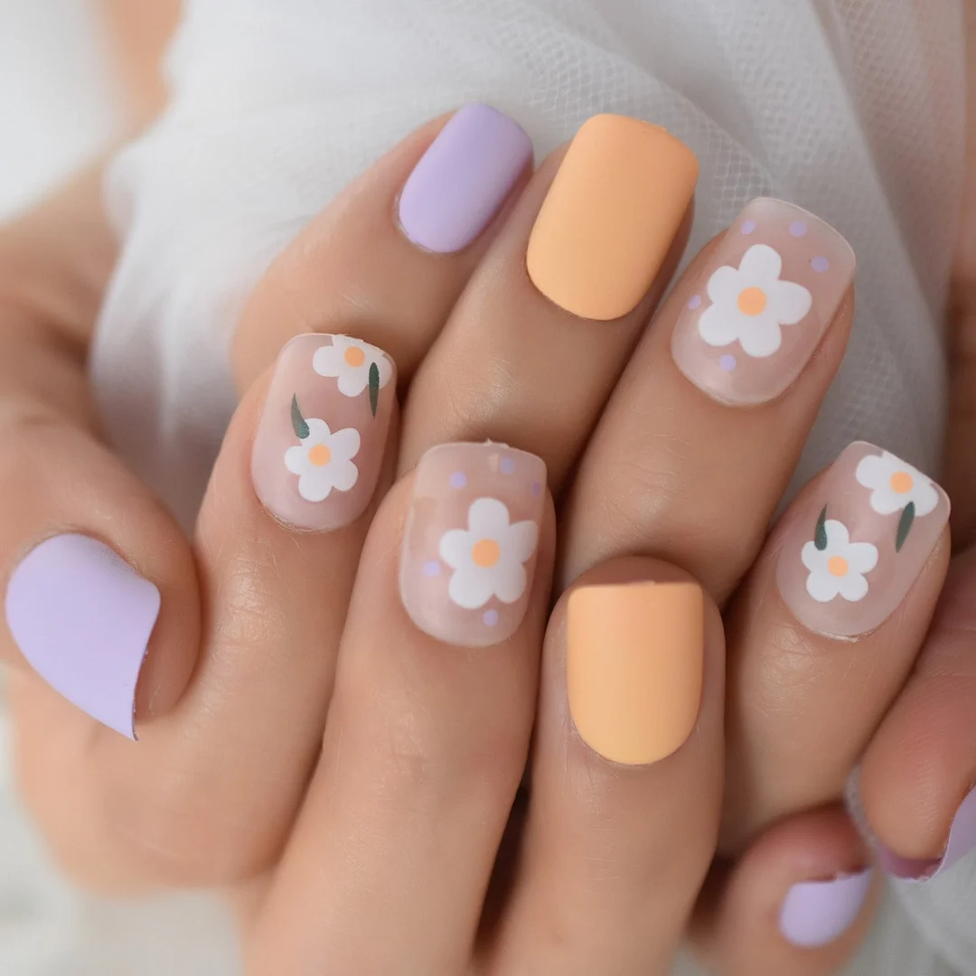 Iridescent White Instant French Nails Glitter Beveled Clear Short Square Fake Nail Art Tips Many Choice 24 Count 515-1-Nail Inspo