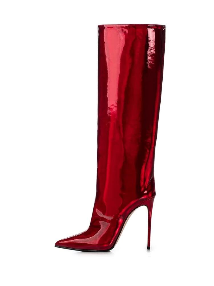 Metallic Bright Pointed-Toe Stiletto Heel Wide Calf Boots