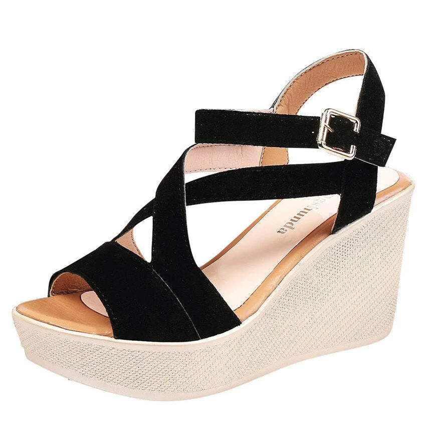 2020 Women Ladies Women Fish Mouth Non-slip Platform Slope High Heels Sandals Buckle Strap Sandals Outdoor Style for Women