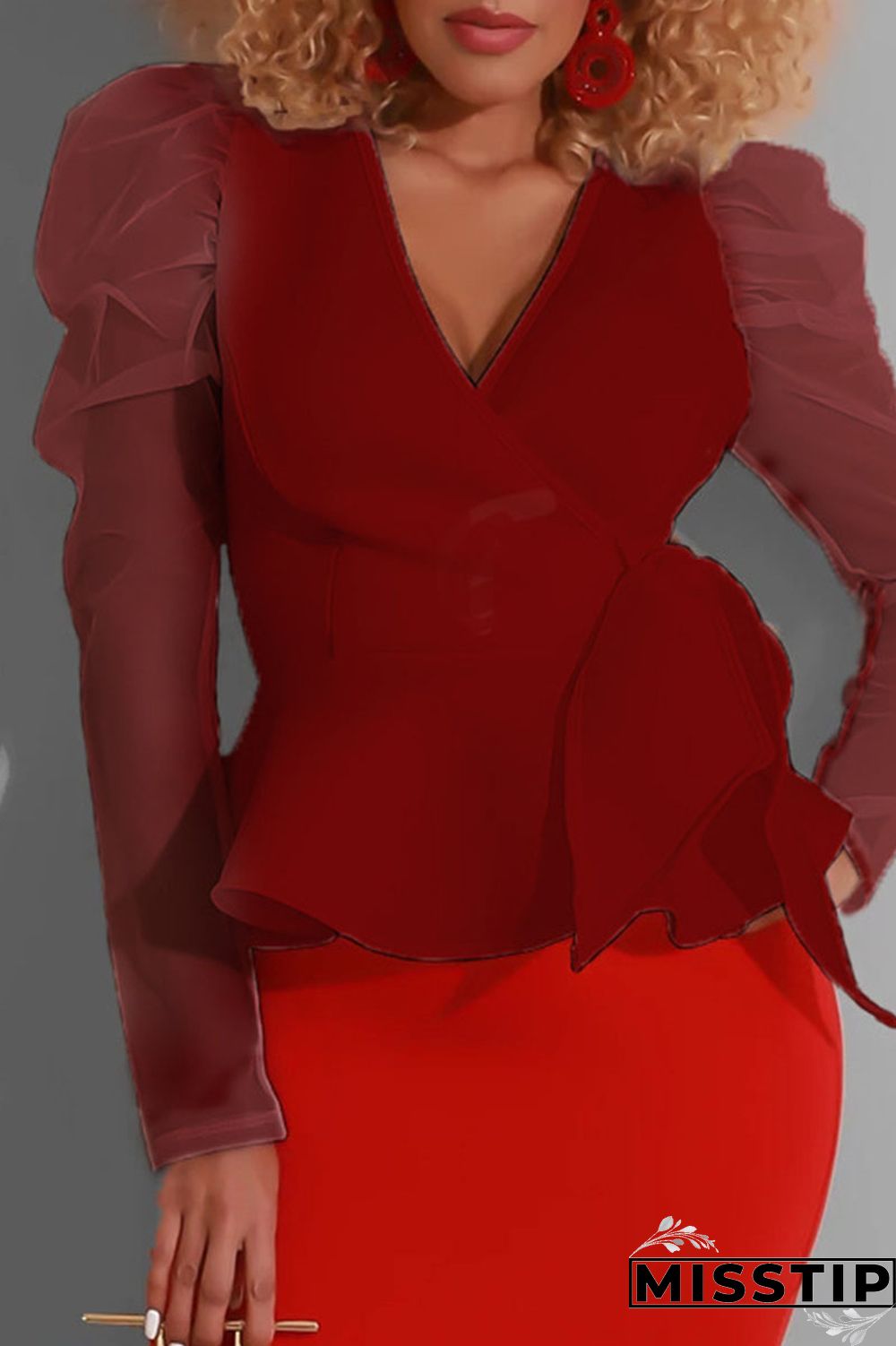 Burgundy Sexy Solid Bandage Patchwork V Neck Tops