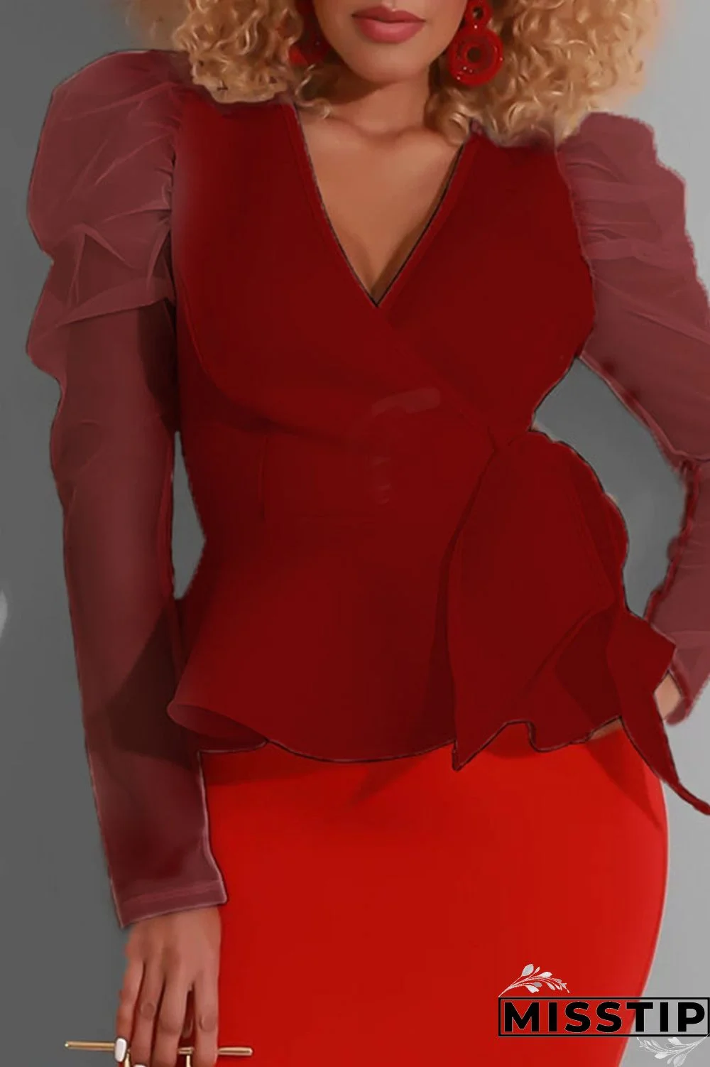 Burgundy Sexy Solid Bandage Patchwork V Neck Tops
