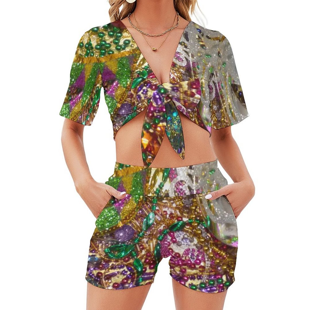 Mardi Gras Razzel Dazzel Bling Pants Beach Tracksuits Women Boho 2 Piece Outfits Crop Camisole with Shorts Sets
