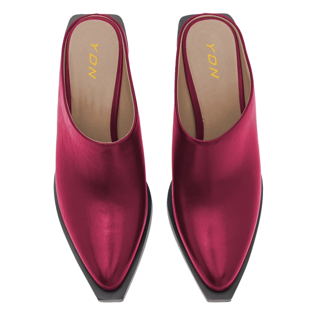 Classic Vegan Leather Snip Toe Chunky Heel Mules Shoes in Fuchsia