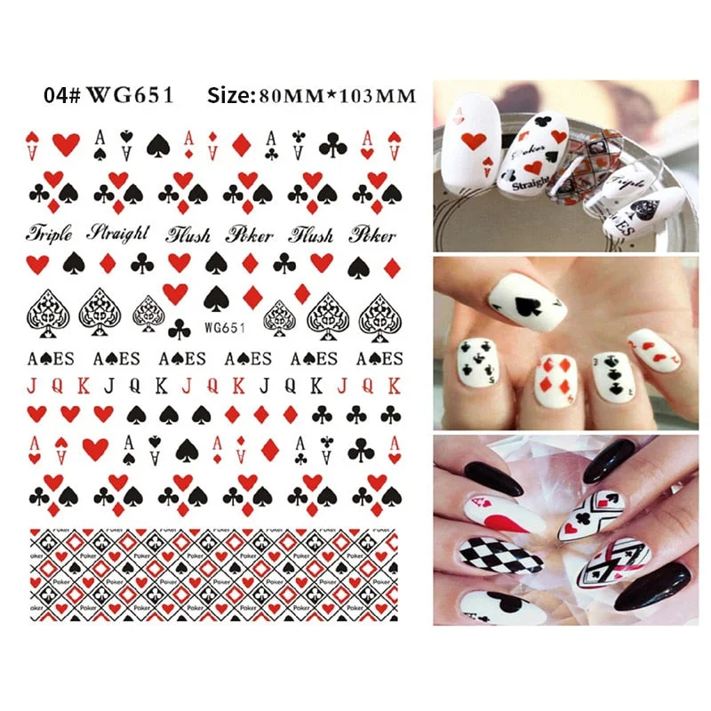 3D Hearts Clubs And Spades Poker Design Self-adhesive Sticker Decals Flowers Lines Geometric Nail Art Manicures Sliders Foils