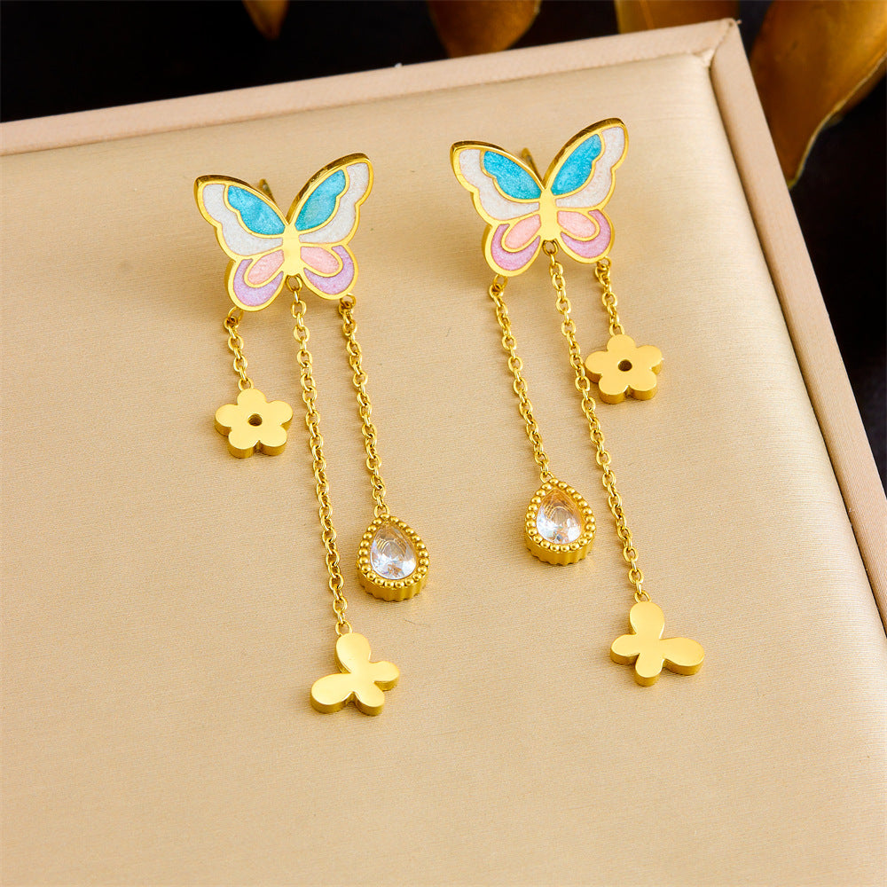 Korean Fashion Cartoon Cute Multi-Color Gradient Oil Drop Butterfly Tassel Chain Flower Diamond Water Drop Earrings