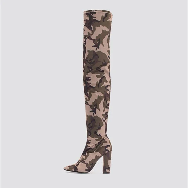 Sexy Camo Over-the-knee Boots Chunky Heel Boots |FSJ Shoes