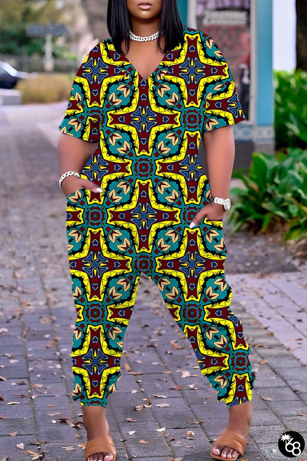 Casual Print Basic V Neck Regular Jumpsuits | 168DEAL