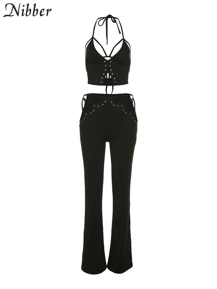 Nibber Fashion Solid Color Sexy Two-Piece V-Neck Sleeveless Suspenders + Hollow Straight-Leg Pants For Women Go Out Street Wear