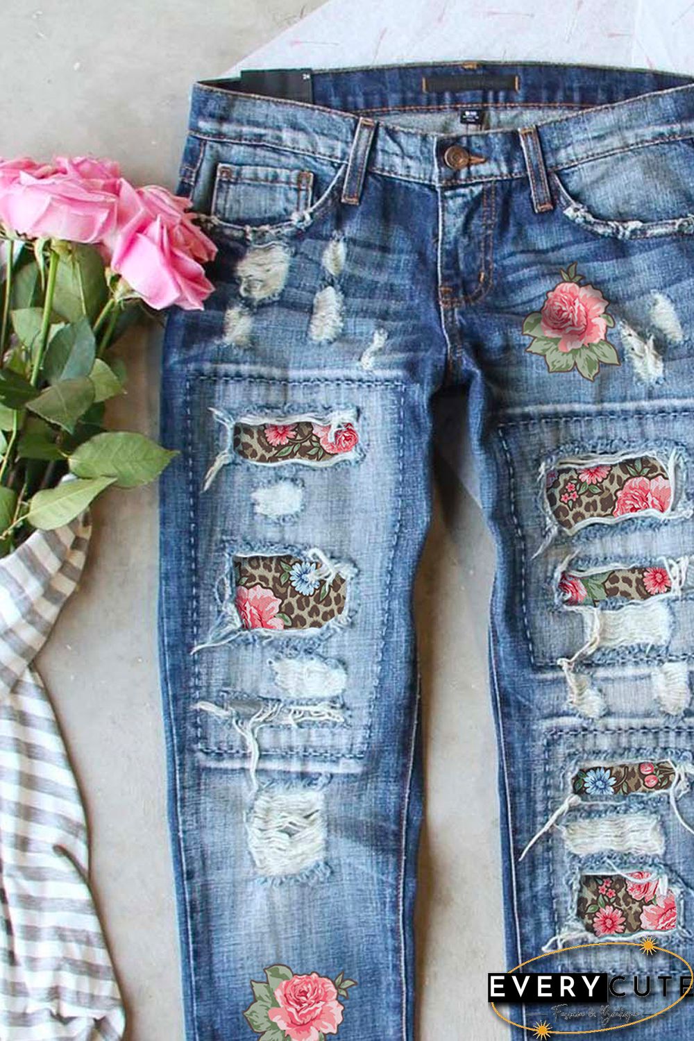 Sky Blue Floral Leopard Print Splicing Distressed Denim Pants