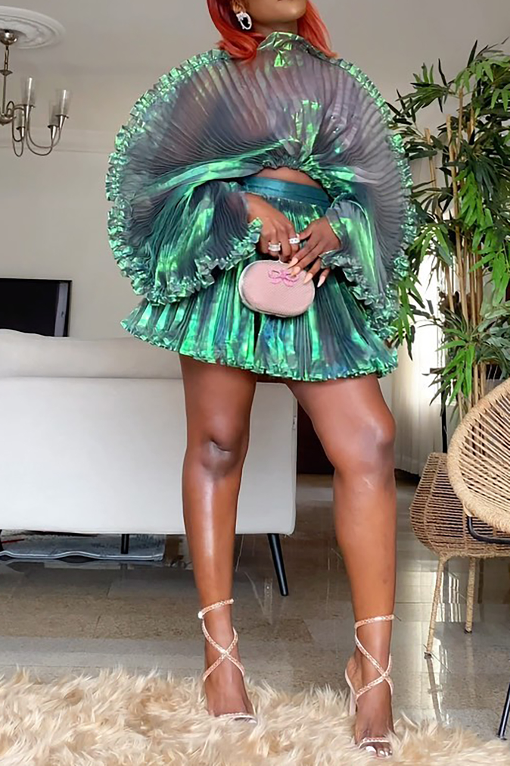 Plus Size Festival Elegant Green Spring Summer Round Neck Batwing Sleeve Long Sleeve Pleated Organza Two Piece Skirt Sets [Pre-Order]