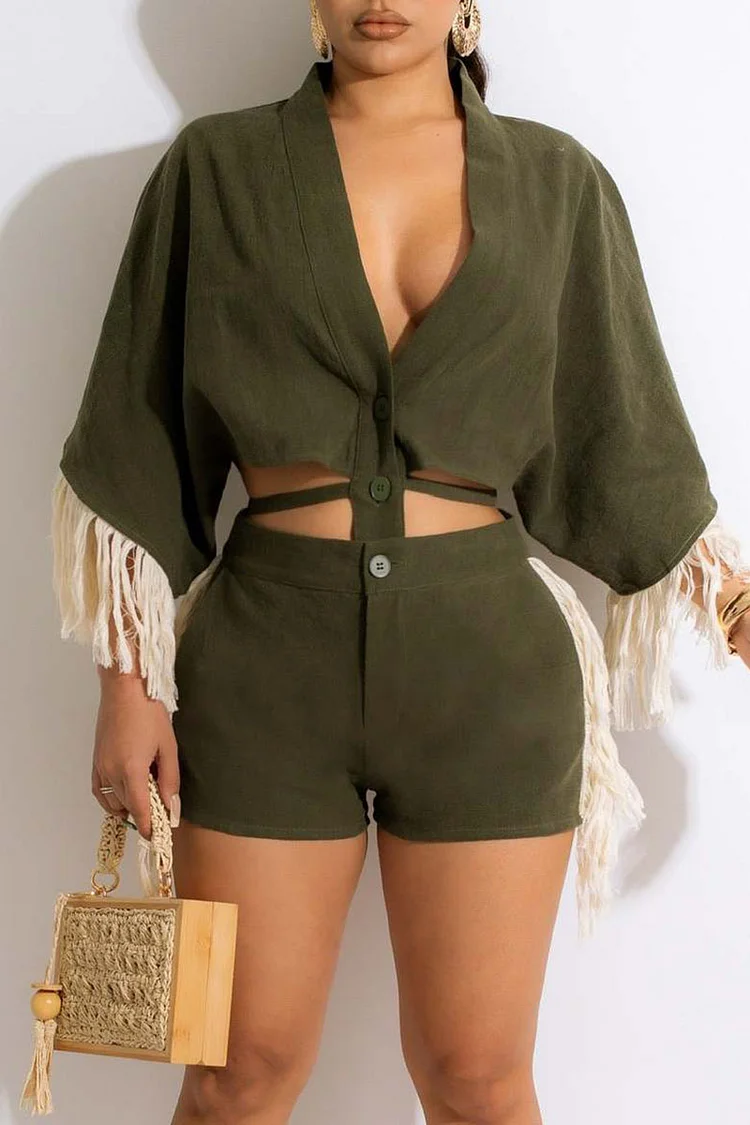 Ink Green Casual Solid Tassel Bandage Split Joint Buckle V Neck Half Sleeve Two Pieces