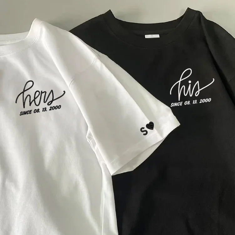 Custom Her and His Embroidered T-Shirts, Matching Couples Embroidered Shirts, Custom Name And Heart On Sleeve, Valentine Day's Gift