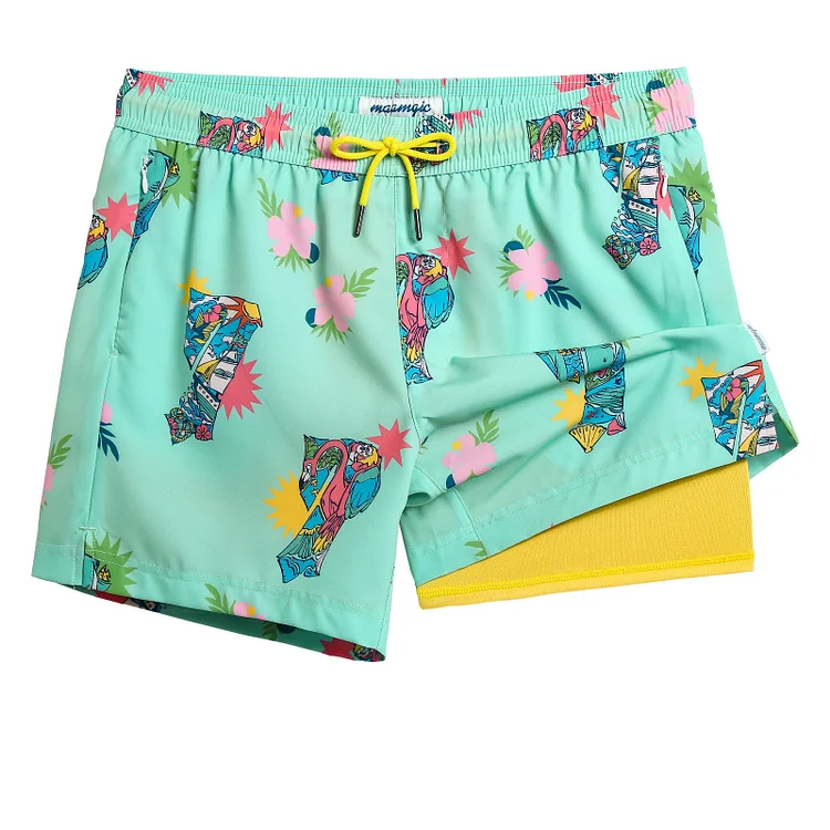5.5 Inseam 2 in 1 Stretch Short Liner Green Yellow Swim Shorts