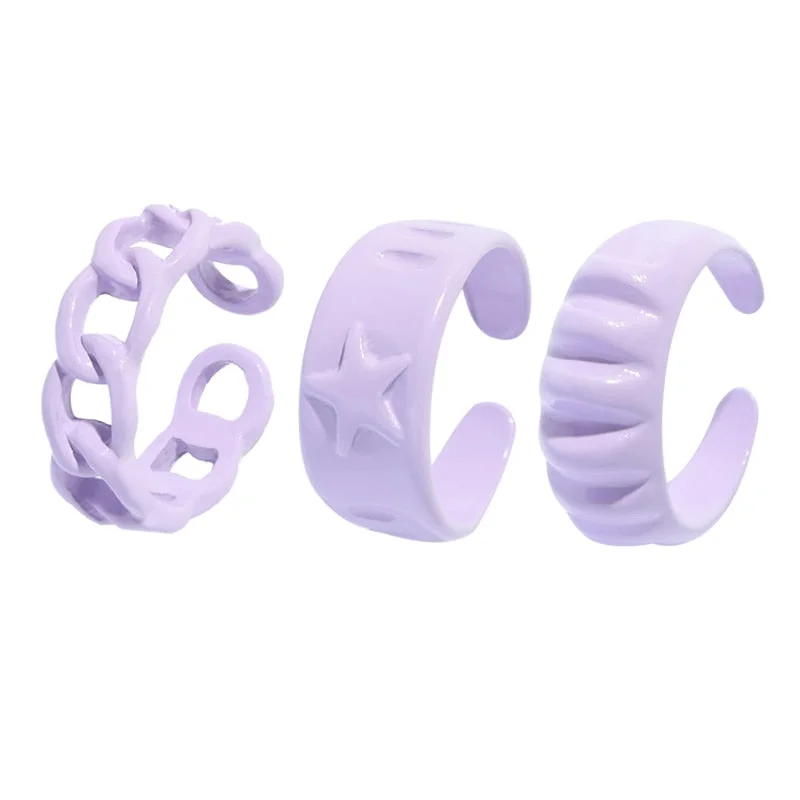 Dvacaman 2021 New Trendy Hand-Painted Candy Color Dripping Oil Geometric Chain Rings Set for Women Colorful Irregular Open Rings