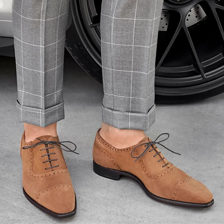 Handmade Mens Beige color Suede brogue dress shoes, Men Oxford formal shoes