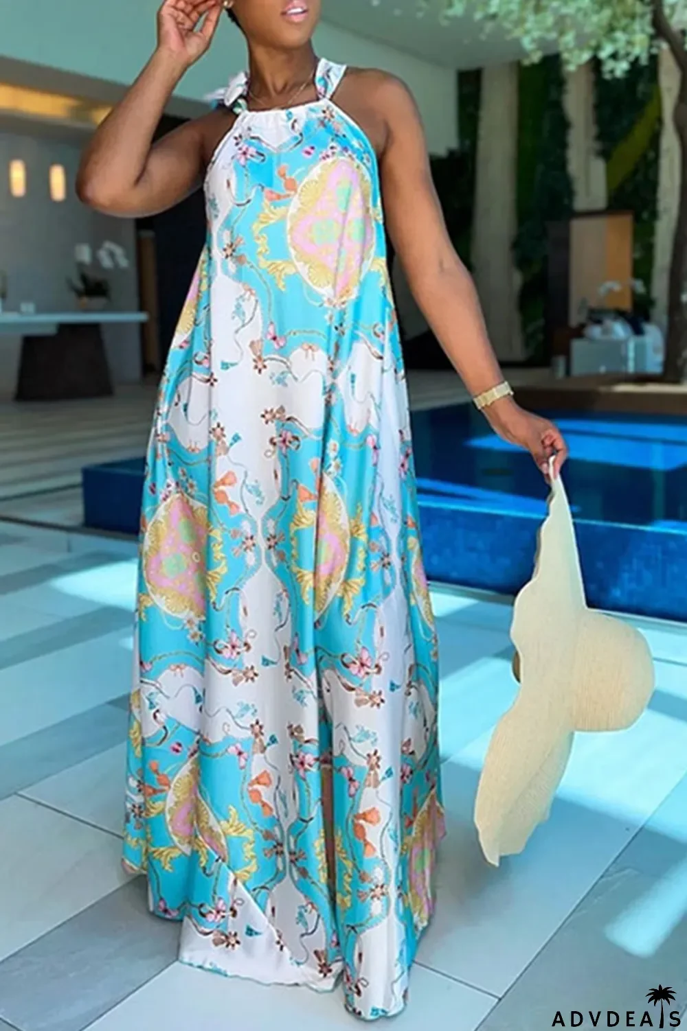 Tangerine Red Casual Print Patchwork Halter Straight Dresses