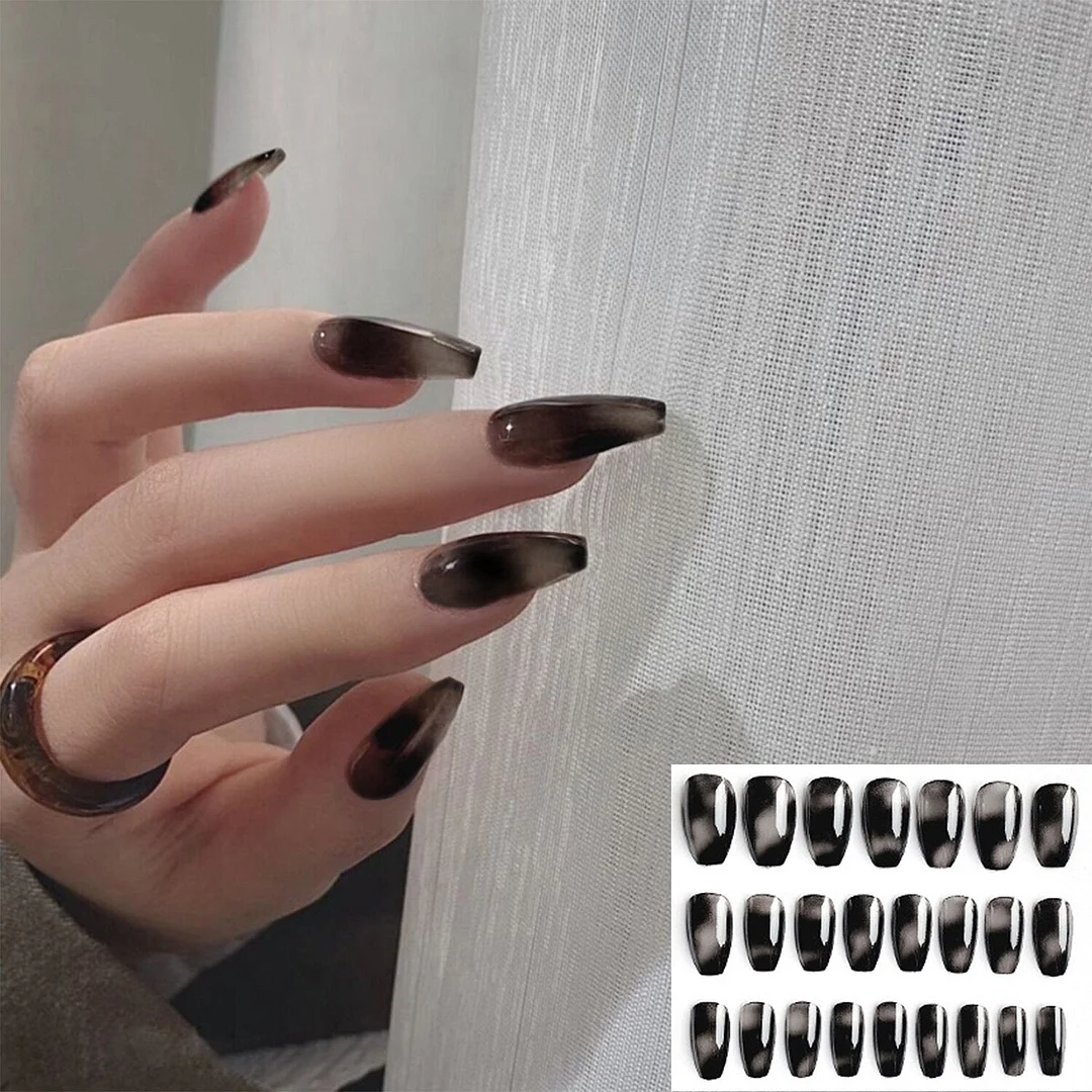 24pcs Detachable False Nails French with Black Line Fake Nails Full Cover Nail Art Tips Press on Nails with Glue Manicure Tools 1113-Nail Inspo
