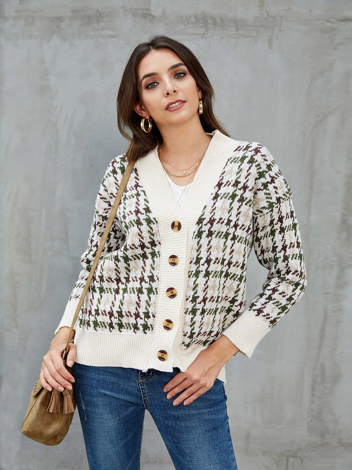 Khaki Vintage Shift Cotton Houndstooth Cardigan