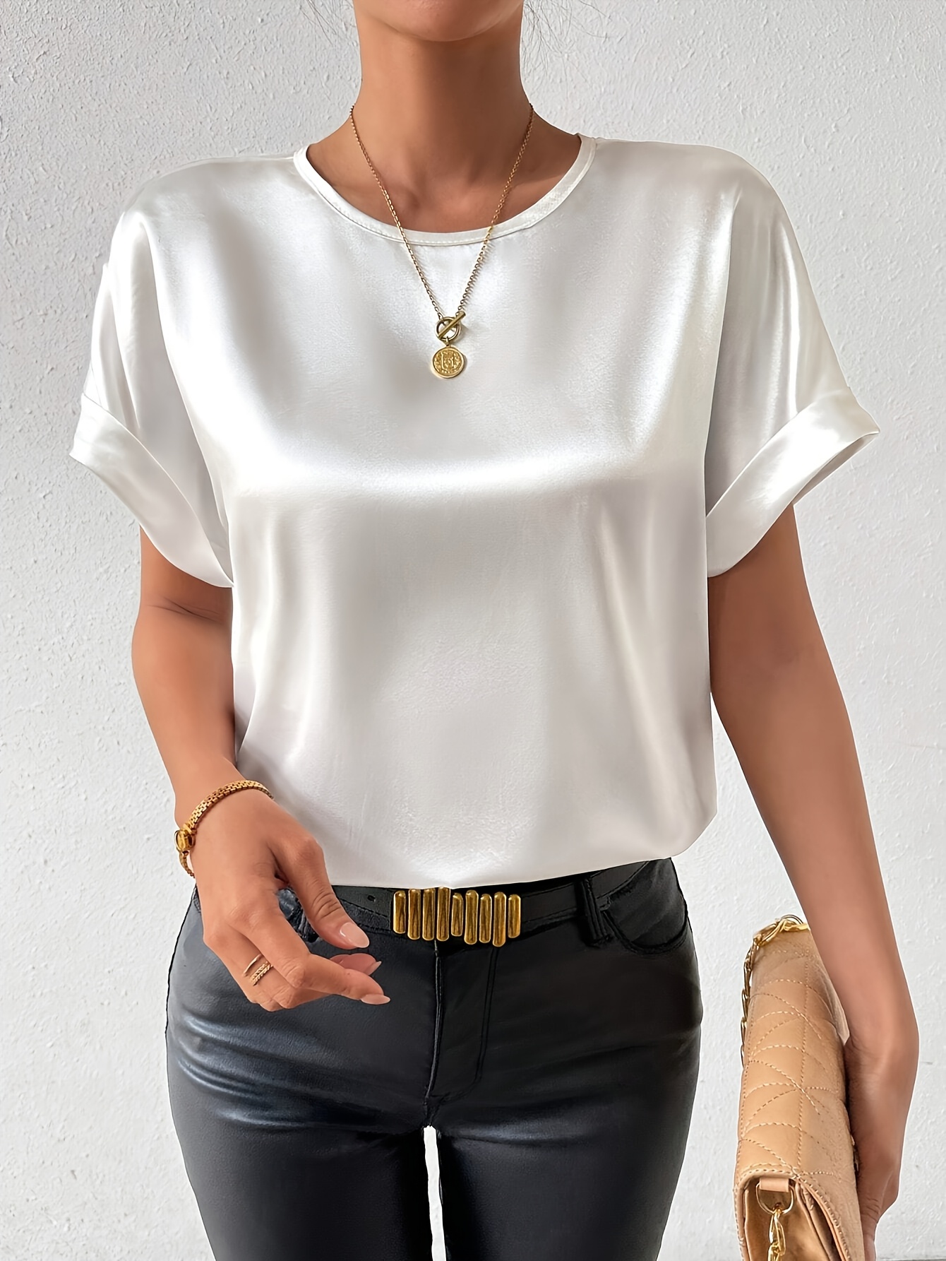 Women's Elegant Satin Top, 100% Polyester Crew Neck Short Sleeve Solid Color Blouse, Regular Fit Casual Loose Tops For Spring/Summer, Woven Lightweight Fabric 120g/M&sup2; - All Season | IFYHOME