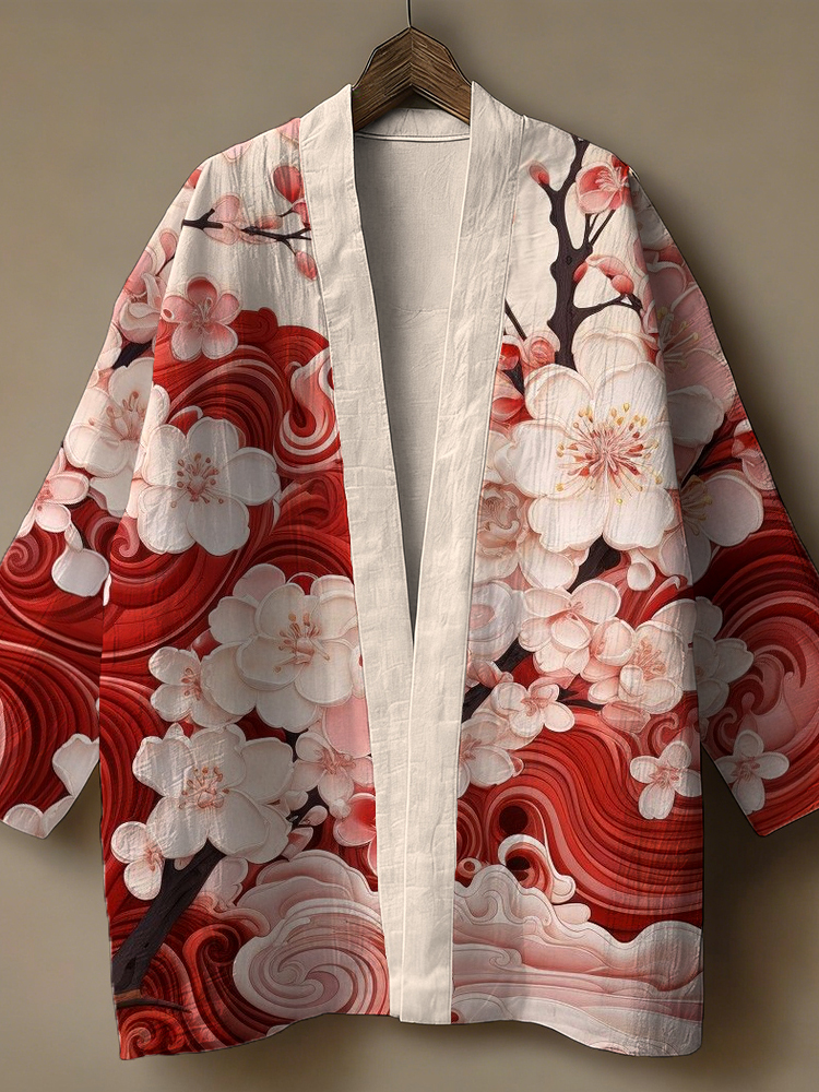 Vintage Cherry Blossom Art Pattern Linen Kimono  artssus