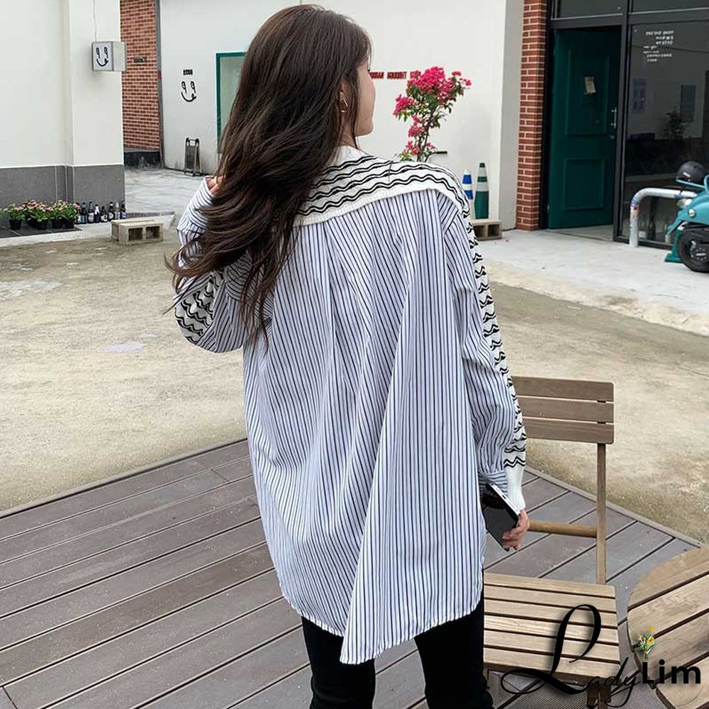 Colorblock Stripe Loose V-neck Cardigan Sweater Shirt