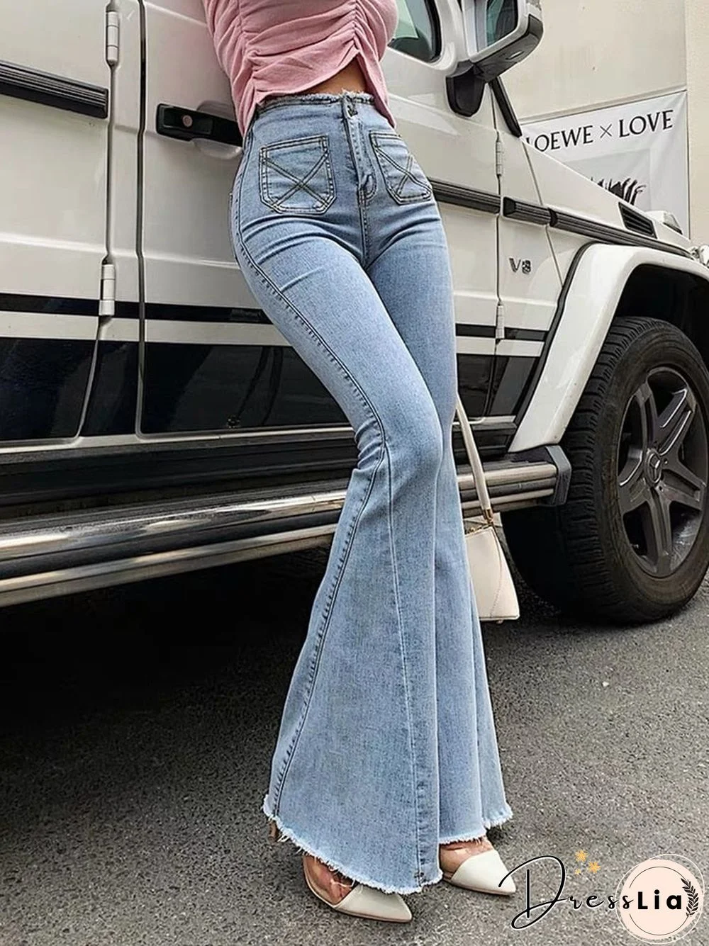 Sky blue high waisted horn jeans women elastic sexy skinny jeans fashionable versatile long slim flared pants splicing and cut