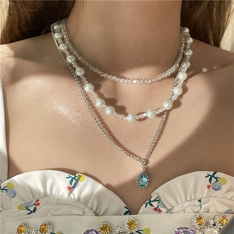 French Water Drop Gemstone Diamond Pearl Crystal Necklace KERENTILA