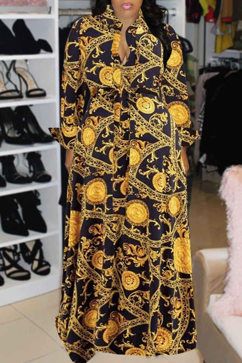 Casual Print Patchwork Buckle Turndown Collar Shirt Dress Dresses