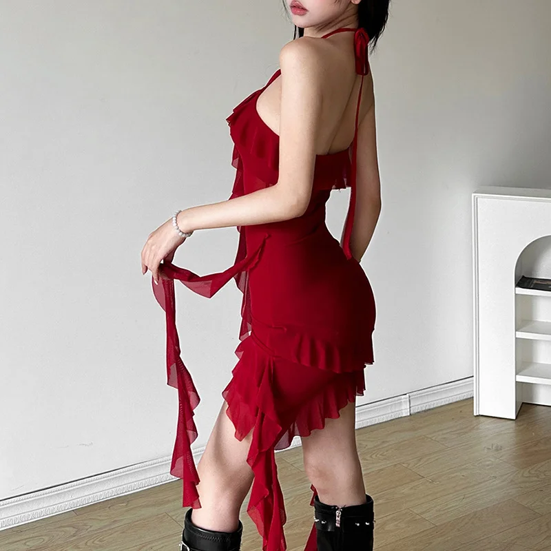 Churchf 2024 Summer New Women's Clothing Solid Color Repair Height Waist Street Fashion Hanging Neck-Laught Dress