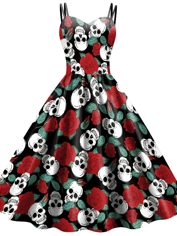 Dark Style Suspender Skeleton Skull Rose Print Dress