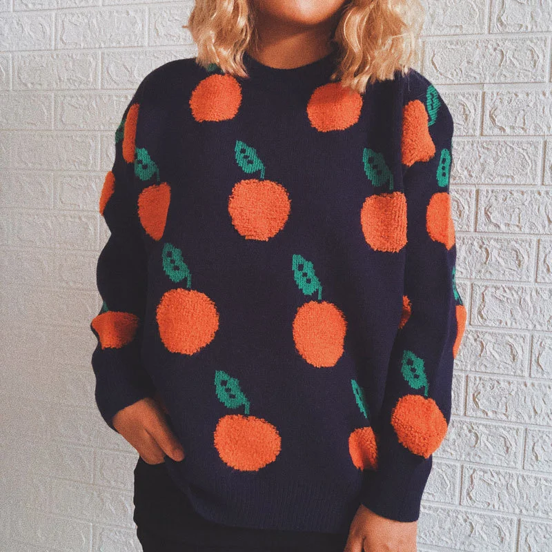 Orange Jacquard Casual Round Neck Sweater