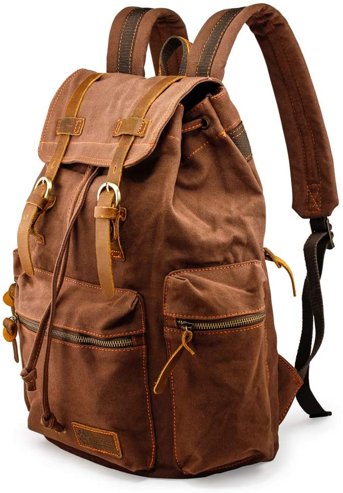 Vintage Canvas Backpack for Men Leather Rucksack Knapsack 15 inch Laptop Tote Satchel School Military Army Shoulder Rucksack Hiking Bag