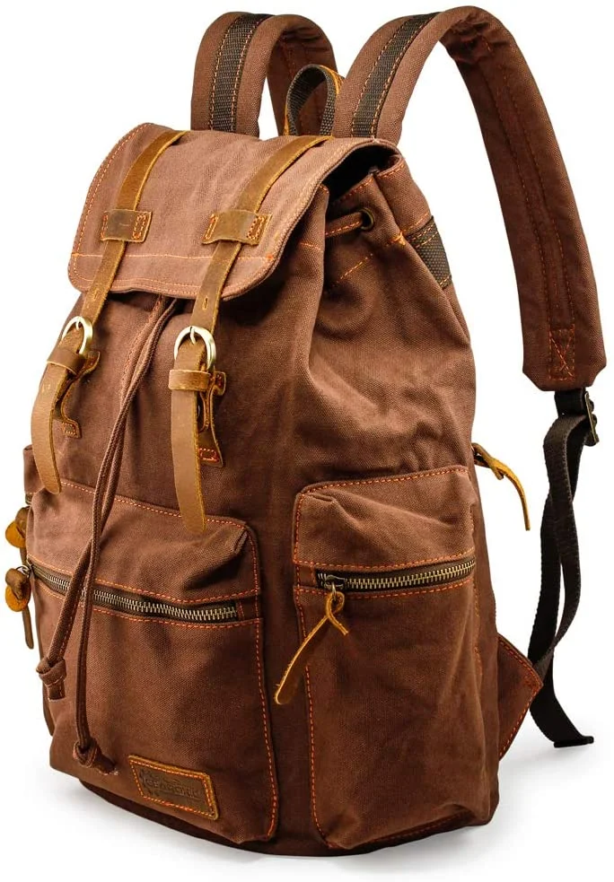 Vintage Canvas Backpack for Men Leather Rucksack Knapsack 15 inch Laptop Tote Satchel School Military Army Shoulder Rucksack Hiking Bag