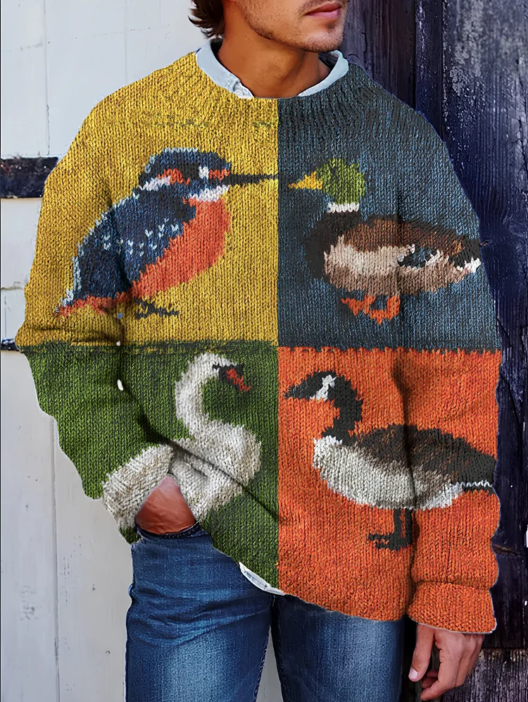 Men's Bird Teal Duck Swan Color Block Print Knit Sweatshirt