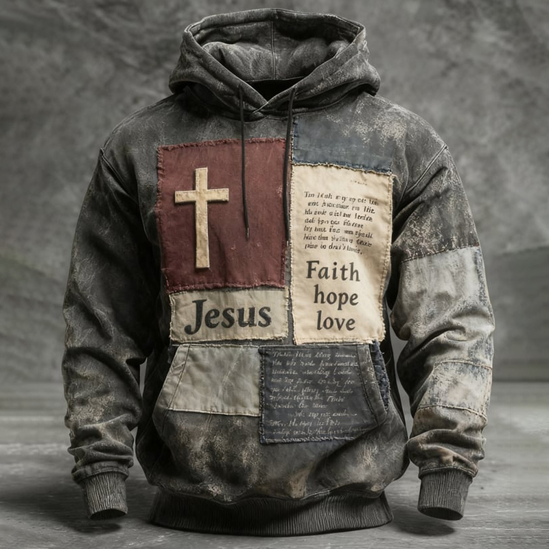 Men's Vintage Faith Patchwork Print Long Sleeve Casual Hoodie elevenforest