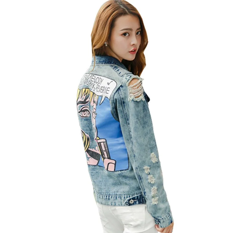 New Vintage Print Women Jean Jacket Ripped Hole Long Sleeve Denim Jacket Bomber Jackets Casual Spring Autumn Short Jaqueta Jeans