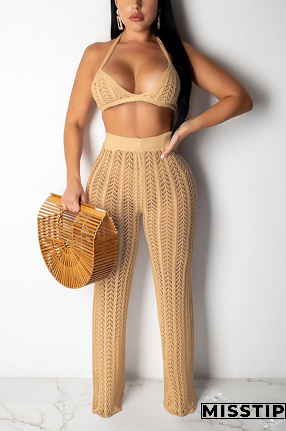 Khaki Sexy Fashion HOLLOWED OUT Solid crop top Bandage Slim fit Two Piece Suits asymmetrical Str