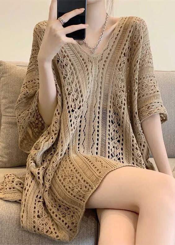 French Khaki V Neck Hollow Out Loose Knit Top Summer