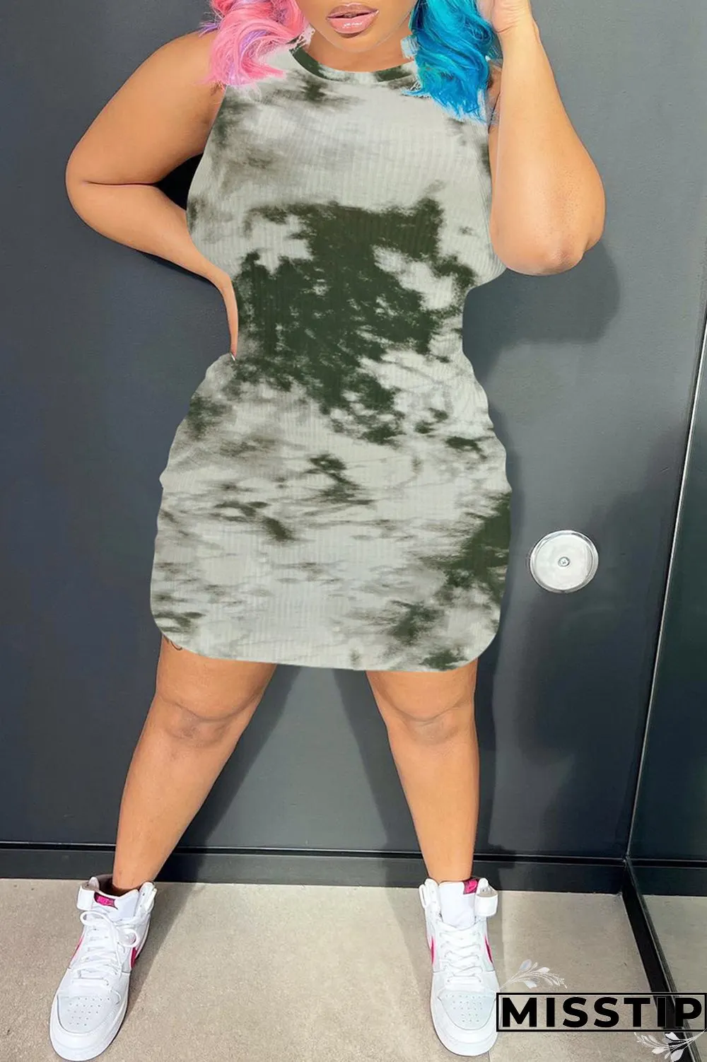 Pink Casual Print Tie Dye Basic O Neck Sleeveless Dress Dresses