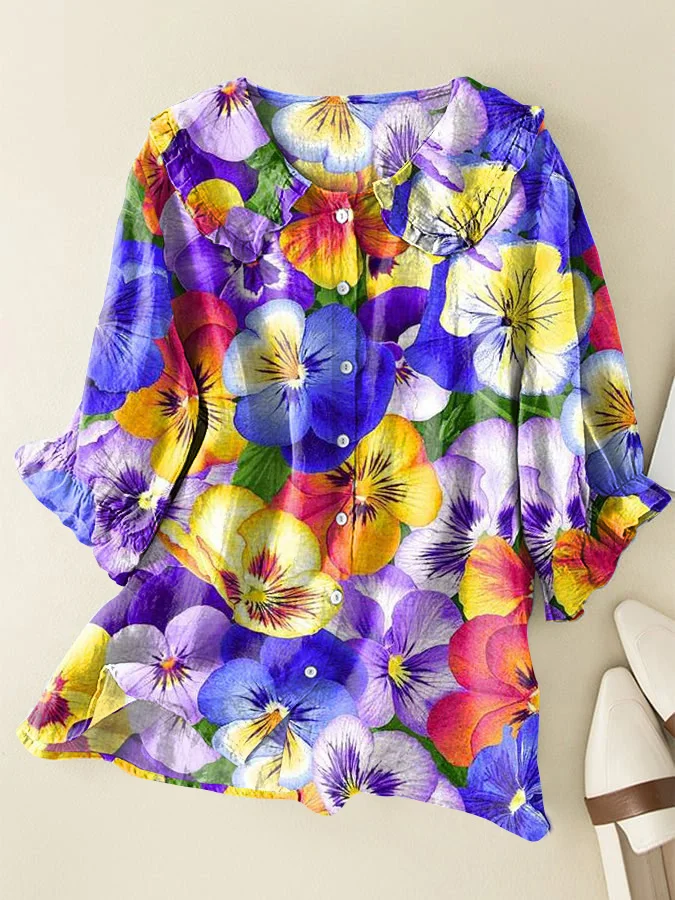 Vintage Floral Cotton and Linen Peter Pan Ruffle Collar Shirt